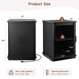 ONBRILL Square End Table with Storage & Charging Station, Fluted Accent Side Table with Sliding Door & Sturdy Pedestal, Mid-Century Modern Nightstand for Small Space, Living Room, Bedroom, Black