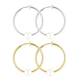 QUKE 2 Pairs 3CM Clip On Spring Hoop Earrings Simulated Freshwater Pearl Non Pierced Ears Earrings Hoops for Women Girls