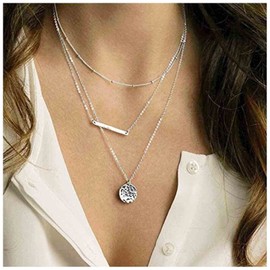 Yheakne Boho Layered Coin Bar Necklace Choker Silver Bar Disc Pendant Necklace Vintage Multi Layer Necklace Thin Long Necklaces for Women and Girls Gifts Jewellery