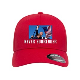 Never Surrender Trump Shooting 2024 Printed Red Flexfit Hat Curved Brim MAGA (US, Alpha, Small, Medium, Red Curved)