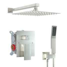ShiureBath 10 Inch Shower Faucet Set, Rainfall Shower System with Square Fixed Shower Head and High Pressure Handheld Shower Head, Spray Wall Mounted Rainfall Shower Fixtures, Brushed Nickel
