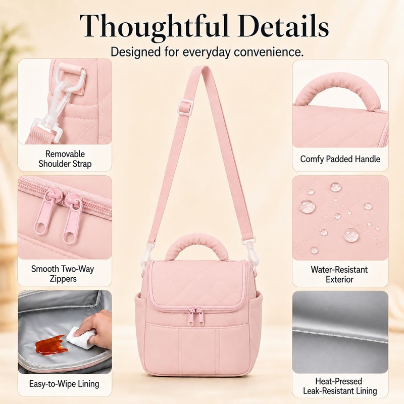 Lunch Bag for Women Insulated Pink Lunch Box Quilted Puffer