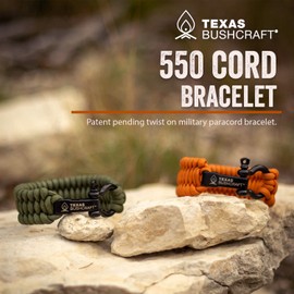 Texas Bushcraft Firecraft Cord Survival Bracelet – Paracord Bracelet with Bow Shackle for Camping and Emergency – 3 Extra Strands Include Wax Thread, Tinder, and Fishing Line