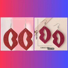 Unbranded Red Sparkle Open Lips  Drop Dangle Hook Silver Tone Earrings