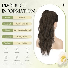 Sofeiyan Ponytail Hairpiece with Drawstring, Wavy Curly Ponytail Extension, 45 cm, Beach Ponytail Braid Extension, Synthetic Hairpiece for Women, Medium Brown