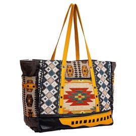 Myra Bag Weekender Bag for Women - Western Upcycled Canvas and Leather Shoulder Tote Bag Golden Sunrise