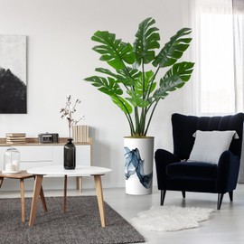 Artificial Tree in Flowing Blue Smoke Abstract Shapes Planter, Fake Monstera Silk Tree for Indoor and Outdoor Home Decoration - 65" Overall Tall (Plant Pot Plus Tree)