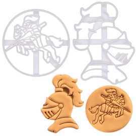 BAKERLOGY Set of 2 Realistic Knight Cookie Cutters (Knight's Helmet with Plumage and Knight on Horse)