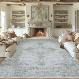 Area Rugs 9x12 Living Room: Lagre Vintage Living Room Rug with Non-Slip Backing Low Pile Rugs Soft Indoor Floor Thin Carpet Neutral Carpets for Bedroom Dining Room Farmhouse Nursery Gray/Ivory