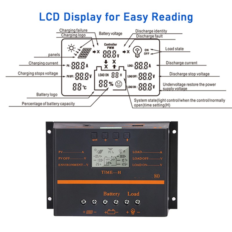 80A PWM Solar Charge Controller 12V/ 24V Self-Adapting LCD Solar