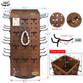 MOOCA Wooden Rotating Four-Sided Pegboard Jewelry Accessories Rack, Rotating Jewelry Display with a Lid for Large Inner Storage Space, 48 Removable Black Hooks, Brown Color