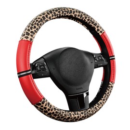 Road Comforts Leopard Steering Wheel Cover - Made with PVC Leather Cheetah Print - Anti-Slip, Universal Fit 14 1/2 inches to 15 inches - Red