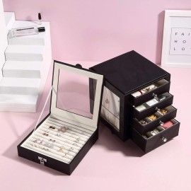 Kendal Black 5-Layer Rotating Leather Jewelry Box Jewelry Organizer w/ Mirror