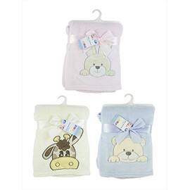 BABY FLEECE COMFORT BLANKET WITH CUTE ANIMAL EMBROIDERY ASSORTED COLOURS