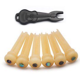 SAPHUE 6Pcs Slotted Pure Bone Bridge Pins Pegs Abalone Dot Inlay for 6&12 String Acoustic Guitar,Add 1pc Bridge Pin Puller Remover