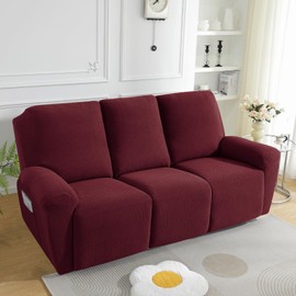 JIVINER 8-Piece Recliner Sofa Covers Stretch Jacquard Couch Covers for Recliner Slipcovers for Living Room 3 Cushion Soft Recliner Protector with Pocket (Sofa Recliner, Wine Red)