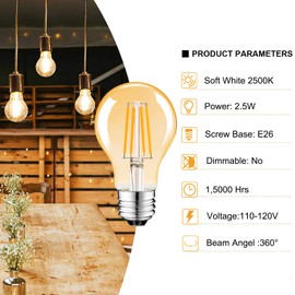 Suncan E26 Vintage LED Light Bulbs 2.5W,Edison A19 Low Wattage Light Bulbs,Equivalent 25W, 250 Lumens,Soft White 2700K,Antique LED Filament Bulbs,120V,for Ceiling Fan Bedroom,Amber,6 Pack