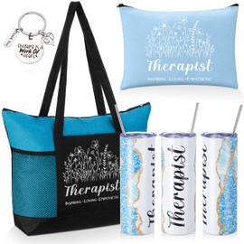 Sieral 4 Pcs Therapy Gift Therapist Canvas Tote Makeup Bag 20 Oz Tumbler Keychain Occupational OT Appreciation Gift for Women(Blue)