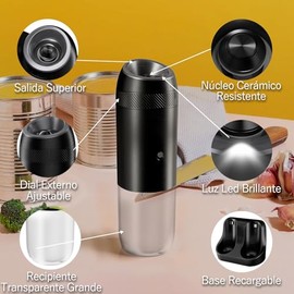 Salero y Pimentero Electrico Gravedad Activada, 176ML, Luz LED | 2 Piezas Molino de Sal y Pimienta con Base de Carga Dual USB, Aspereza Ajustable, Apt