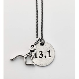 13.1 RUNNING GIRL Pewter Necklace - Pewter Running Girl Stick Figure Charm and Pewter Round 13.1 Pendant on 18 inch Gunmetal Chain