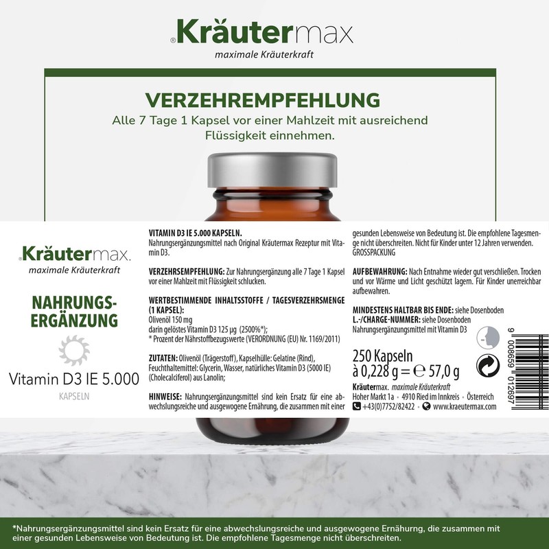 Kräutermax Vitamin D3 IE 5000 Kapseln 1 x 250 Stück
