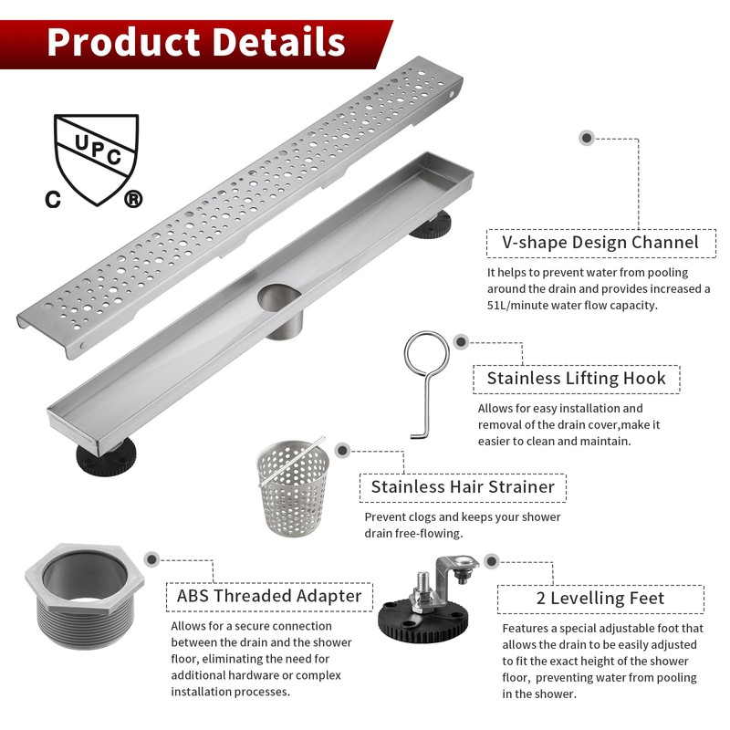 Sharp-tec 32 inch Linear Shower Drain, Brushed Rectangular Floor Drain,