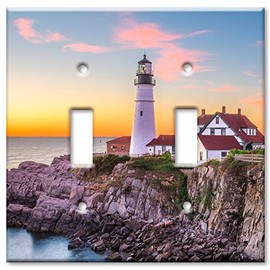 Art Plates - Double Gang Toggle Switch Plate - Decorative Metal Wall Plate - Lighthouse at Dusk - (Made in USA)