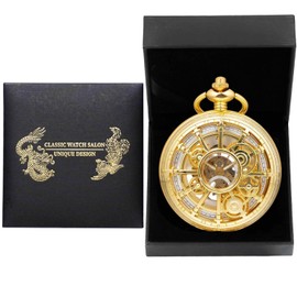 DerMacht Steampunk Gold Pocket Watch Skeleton Mechanical Gear Hand-Wind Roman Numerals Antique Chain Mens