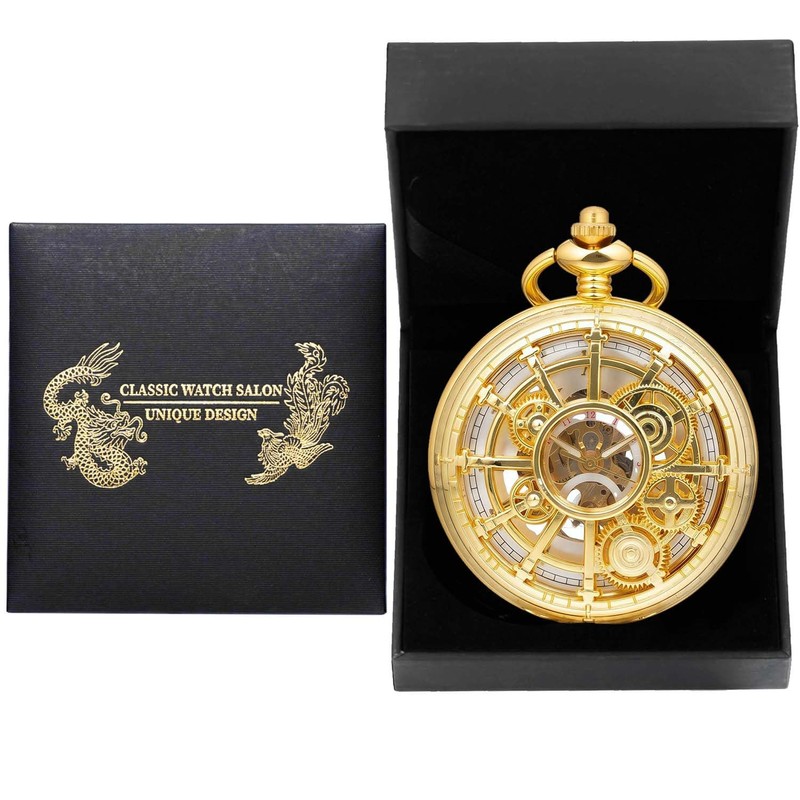 DerMacht Steampunk Gold Pocket Watch Skeleton Mechanical Gear Hand-Wind Roman