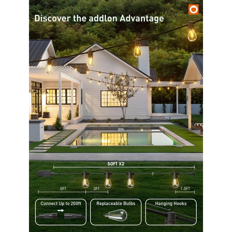 addlon 100FT LED Outdoor String Lights, Remote Dimmable Patio Lights