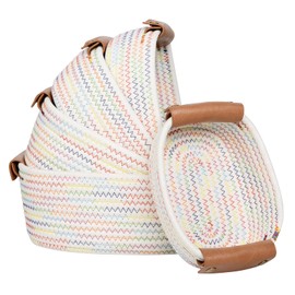 Storage Basket Set of 5 - Cotton Rope Baskets With Leather Handles - Small Woven Basket for Organizing, Nursery, Bathroom Shelves or Bedroom Decor (Rainbow)