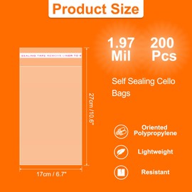 HARFINGTON 200pcs Self Sealing Cello Bags, 6.7x10.6-inch Clear Resealable Self Adhesive Bags for Cookie Bakery Clothes Packaging