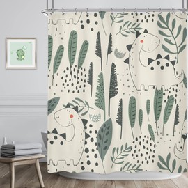 Riyidecor Kids Funny Dinosaur Shower Curtain 60Wx72H Inch Cute Dino Cartoon Animals Tropical Leaves Plant Beige Green Bathroom Decor Fabric Polyester Waterproof 12 Pack Hooks