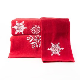 Homefabrics Marina Decoration Christmas Premium Luxury Decor Ultra Soft 100% Cotton Embroidered Bathroom Modern 3 Piece Towel Set, Red White Color Red Snowflake Pattern