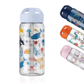 SANTECO Children's Water Bottle with Straw, 16.9 fl oz (500 ml), Direct Drinking Handle, Tritan Material, For Cold Water, Lightweight, Cute, For Kids, Children, Water Bottle, Underwater World
