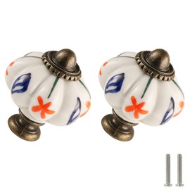 Zernmiarder Ivory Pumpkin Knobs 2 Pack Ceramic Cabinet Knobs Vintage Drawer Pulls - Antique Dresser Pulls with Screws - Red Flower & Blue Leaf