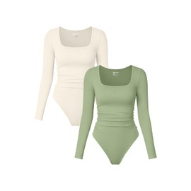 OQQ Womens 2 Piece Bodysuits Long Sleeve Square Neck Ruched Stretch Fitted Bodysuits Pea green Beige