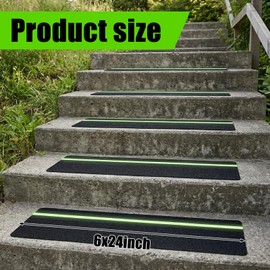 12-Pack 24 x 6 Inch Non Slip Stair Treads for Wooden Steps Glow in Dark Anti Skid Tape with Reflective Stripe, Waterproof High Traction Grip Tape for Outdoor Indoor Steps