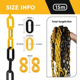 SWAWIS 15 m Plastic Barrier Chain, 6 mm Thick, Yellow/Black Plastic Chain, Warning Chain with S Hook, Link Chain, Safety Chain for Construction Sites, Roads, Garages, Lightweight and Flexible to Use