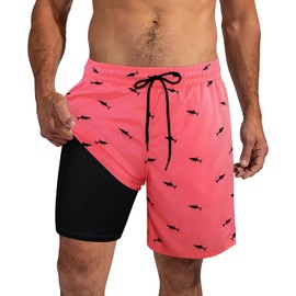 XiaoMoSha Mens Swim Trunks with Compression Liner 7" Quick Dry Board Shorts Youth Swimming Trunks Bathing Suit with Pocket Swimwear Swimsuit for Beach Surfing Pool Party Outfits Pink M