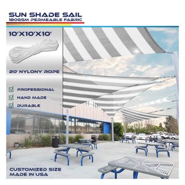 Windscreen4less 10' x 10' x 10' Sun Shade Sail Canopy in Wide Grey Stripes/Wide White Stripes with Commercial Grade Customized Size Included Free Pad Eyes