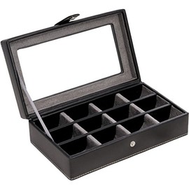 Black Genuine Leather 12 Slot Ring and Cufflink Storage Organization Jewelry Box with Glass Display