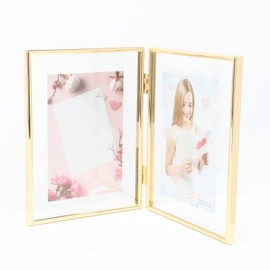 AhaGo Folding Dual Frame, Gold Floating Picture Frame, 6"×8", Vertical, Tabletop Use, Classy For Festival, Wedding, Birthday, Home or Office Décor