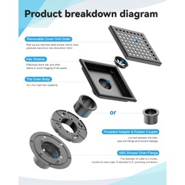 Matte Black Shower Drain 6 Inch with Flange CUPC Certified- Made of 304 Stainless Steel, Square Drain Includes Removable Cover Grid Grate, Hair Strainer,Thread Adapter