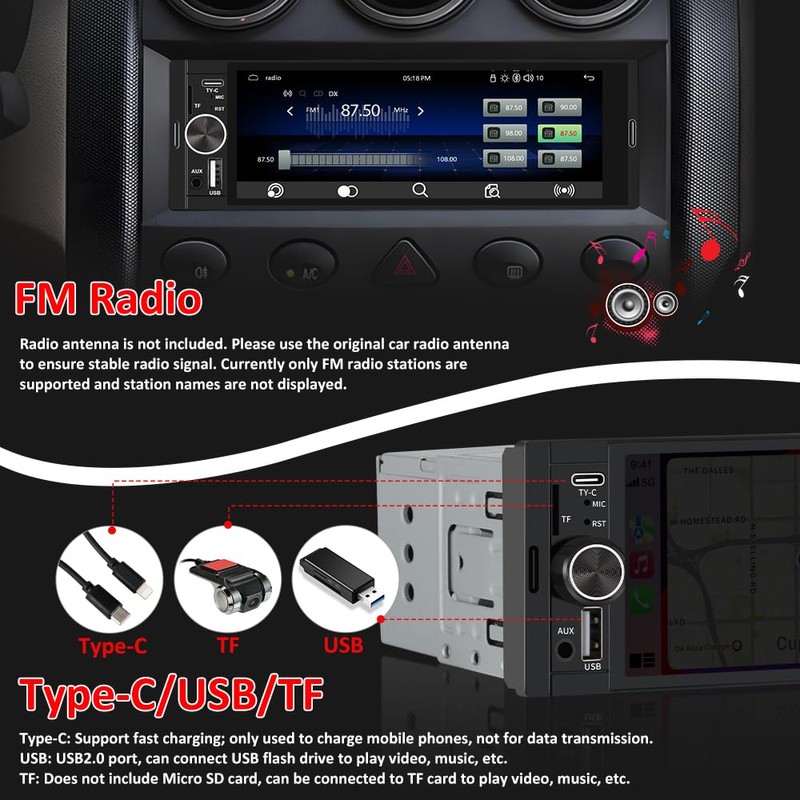 Junsun Single DIN Car Stereo with CarPlay and Android Auto,