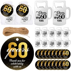 Havawish 25 Sets Birthday Favors for Guests Beer Shape Bottle Openers Cheers to Years Bottle Opener with Thank You Card Organza Bags and Hemp Rope Anniversary Party Favors for Guests (60 Years)