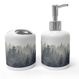 Ambesonne Dark Forest Soap Dispenser & Toothbrush Holder Set, Gloomy Foggy Scene of Tall Pine Trees in National Park Colorado USA, Ceramic Bathroom Toiletry Accessories, 2 Pcs, Dark Slate Blue Dust