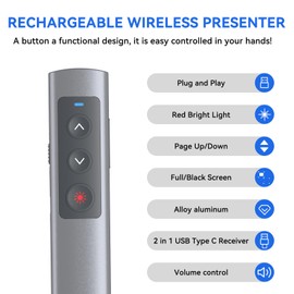 Metallic Presentation Clicker Presenter Remote - Rechargeable Wireless Presenter with Red Laser Pointer, 2-in-1 USB C Clicker for PowerPoint & Google Slides, Compatible with MacBook/Computer/Laptop