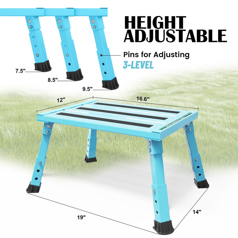 Marudina Large Platform RV Steps, 3-Level Adjustable Height Aluminum Folding