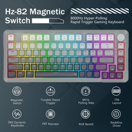 Rapid Trigger Gaming Keyboard, Hall Effect Magnetic Switch, Adjustable Actuation, 8k Hz Polling Rate, Volume Knob, RGB Backlit, PBT Keycaps, 75% Compact Wired for PC Gamer, Gray/Black
